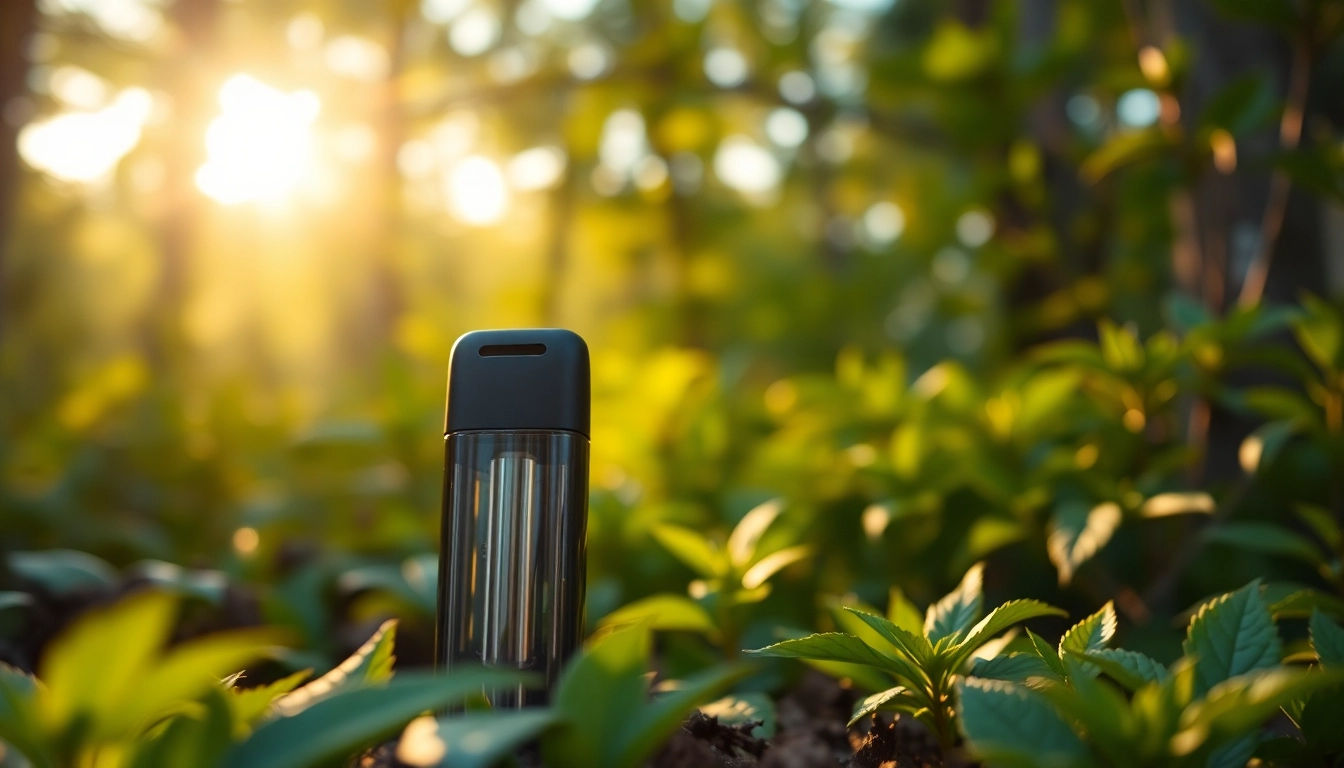 Purchase DMT online, a sleek vape cartridge displayed in a tranquil natural environment.