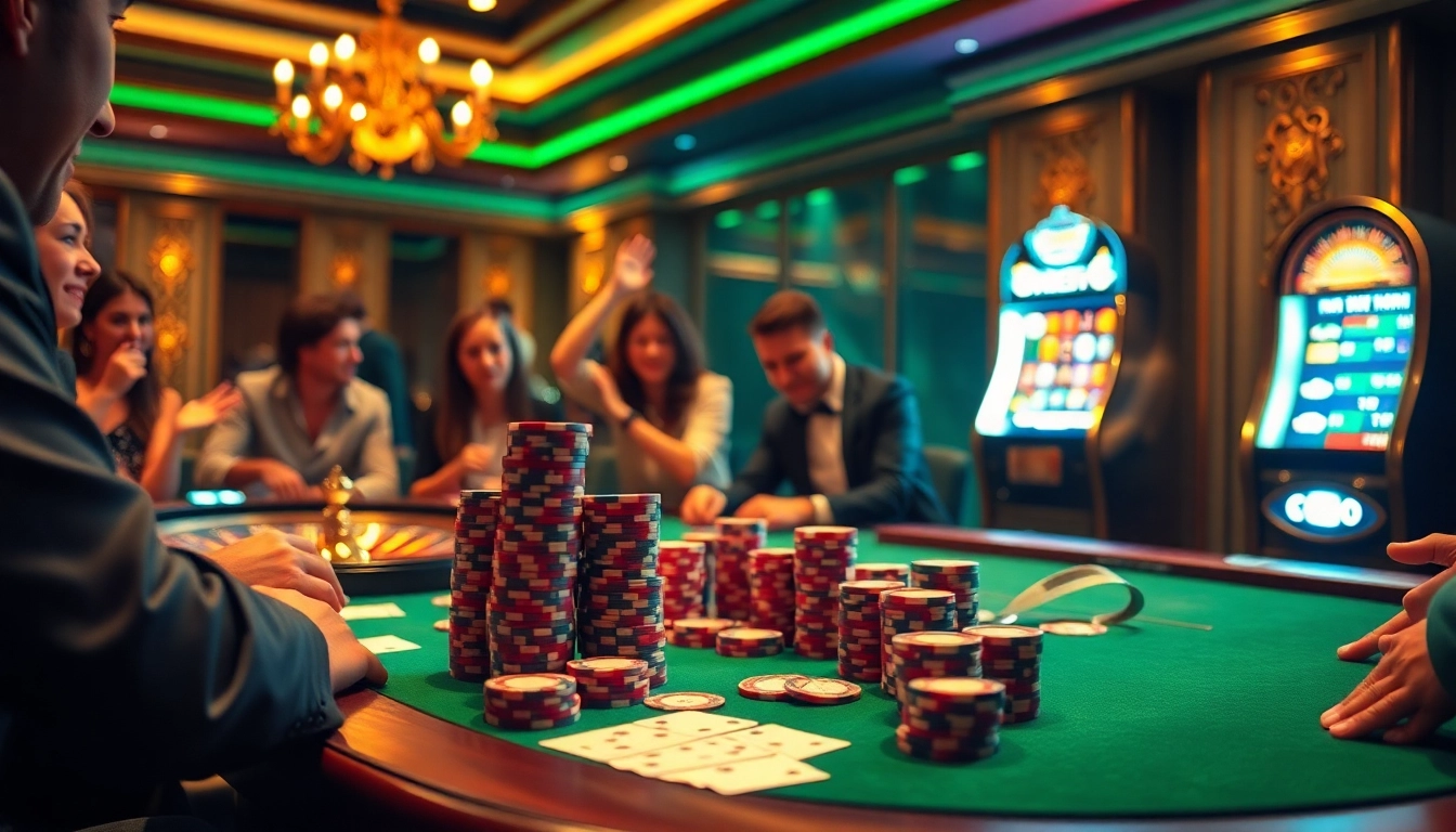 A thrilling poker game at fun79 casino with vibrant colors and energetic players.