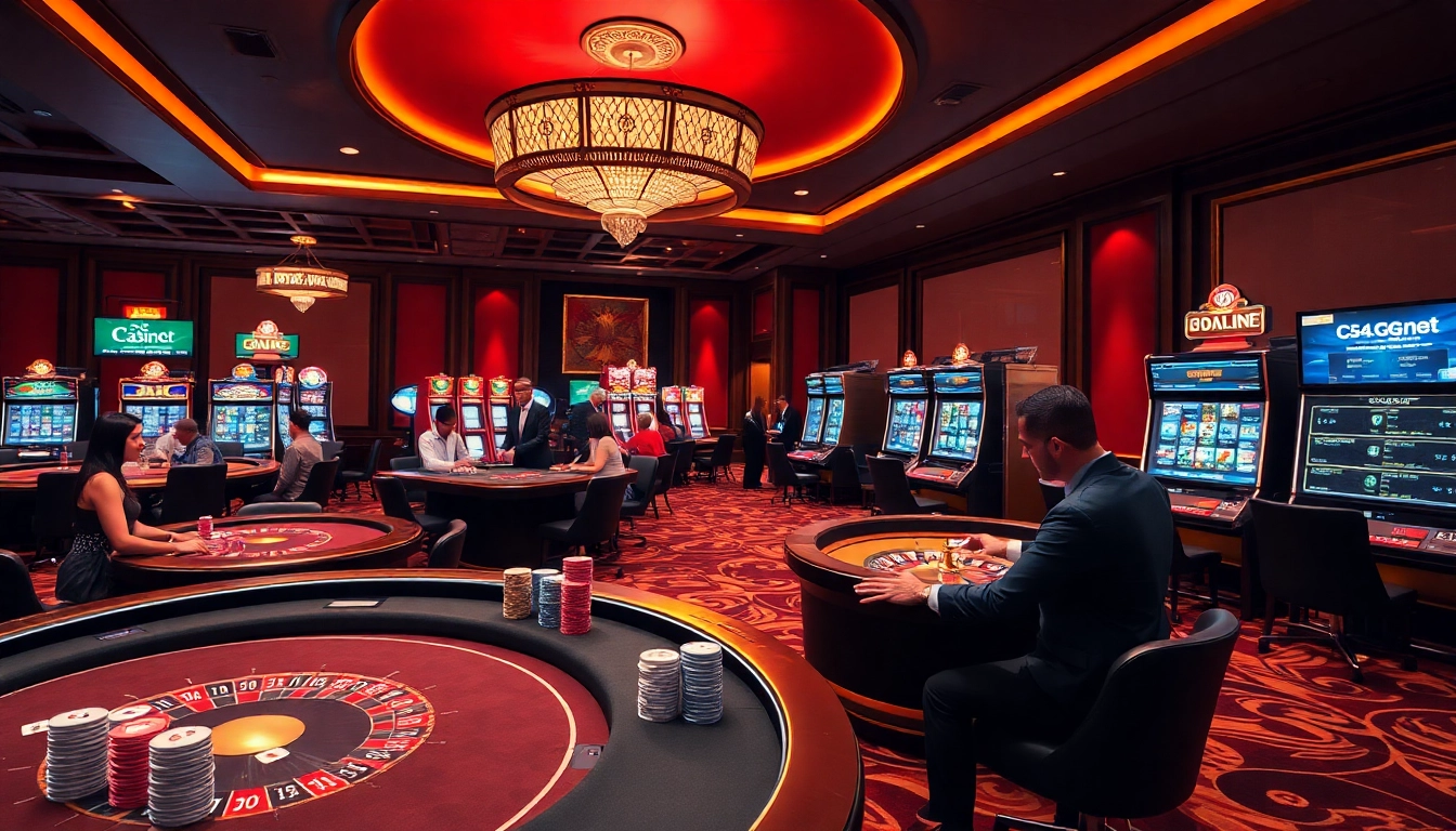 Exciting scene at c54.gb.net showcasing poker games with lively players and vibrant casino tables.