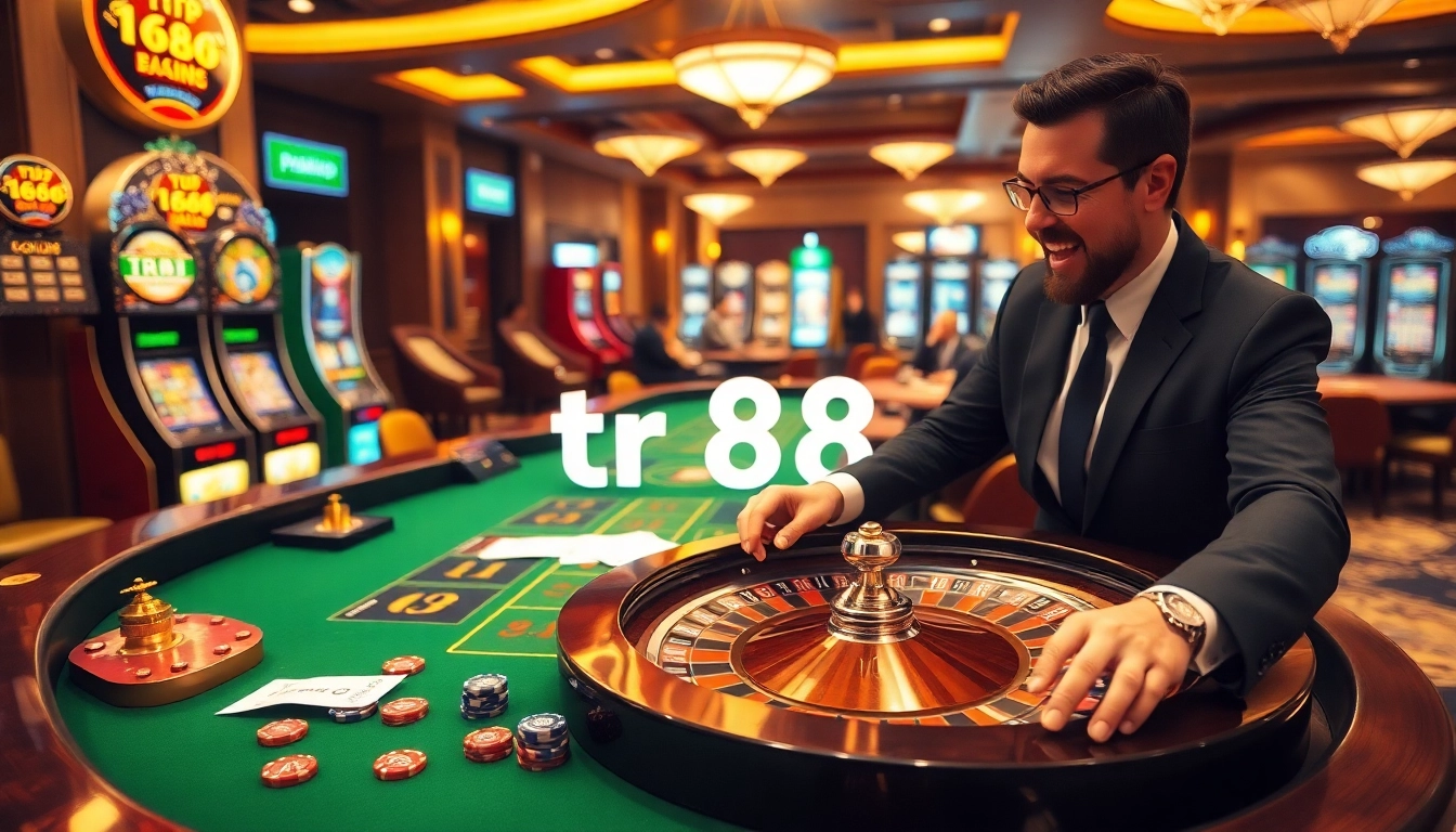 Gambler placing bets at a roulette table within a vibrant tr88 casino atmosphere.