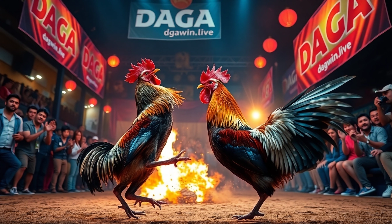 Live cockfighting action at dagawin.live, showcasing excitement and intensity in DAGA arena.