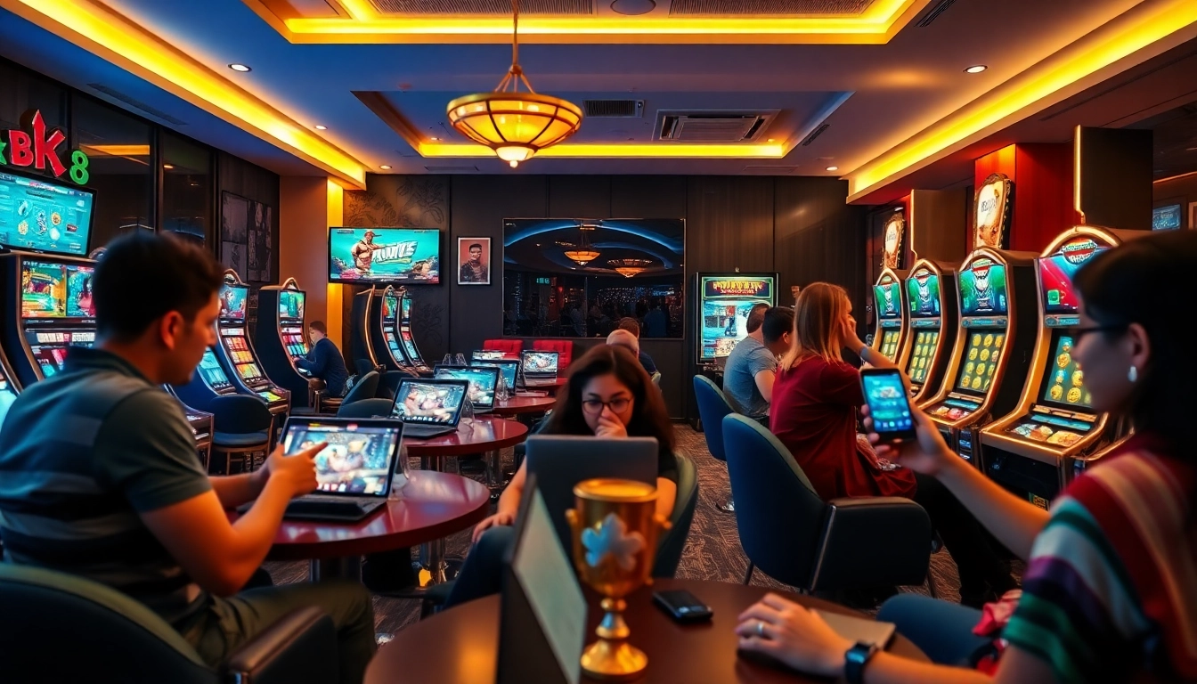 Vibrant gaming environment showcasing bk860s.com, players enjoying online games in a modern lounge.