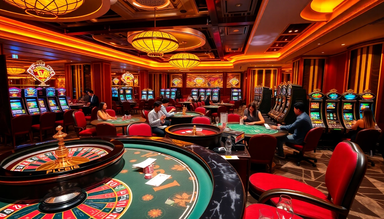 An engaging scene of players enjoying various casino games at lc88.my, depicting excitement and vibrant gaming atmosphere.