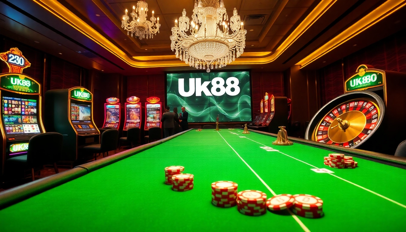 Experience high-stakes excitement at UK88's sparkling casino scene featuring poker and roulette.