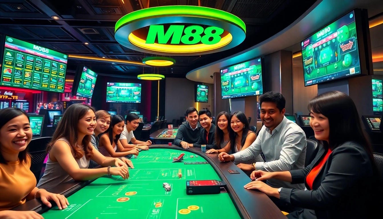 Exciting betting atmosphere at m88.com.mx showcasing a diverse group engaged in online gambling activities.