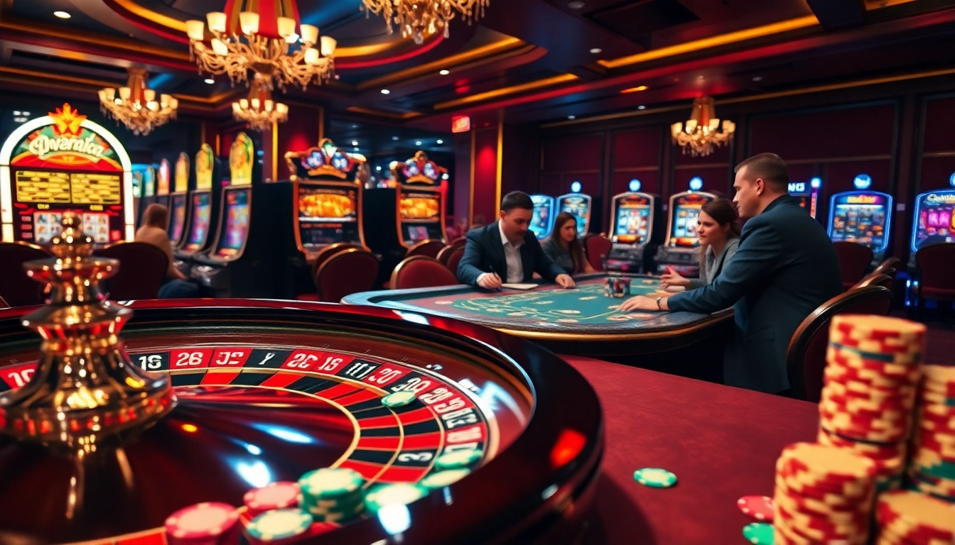 Experience thrilling action at https://32wincasino.com/ with vibrant casino tables, poker chips, and players engaged in exciting games.