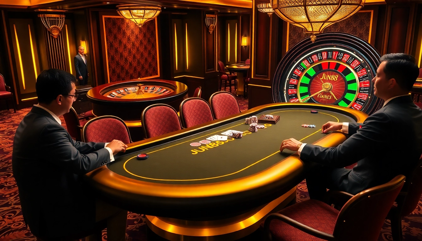 Players engaging at a Jun88 poker table in a luxurious casino setting