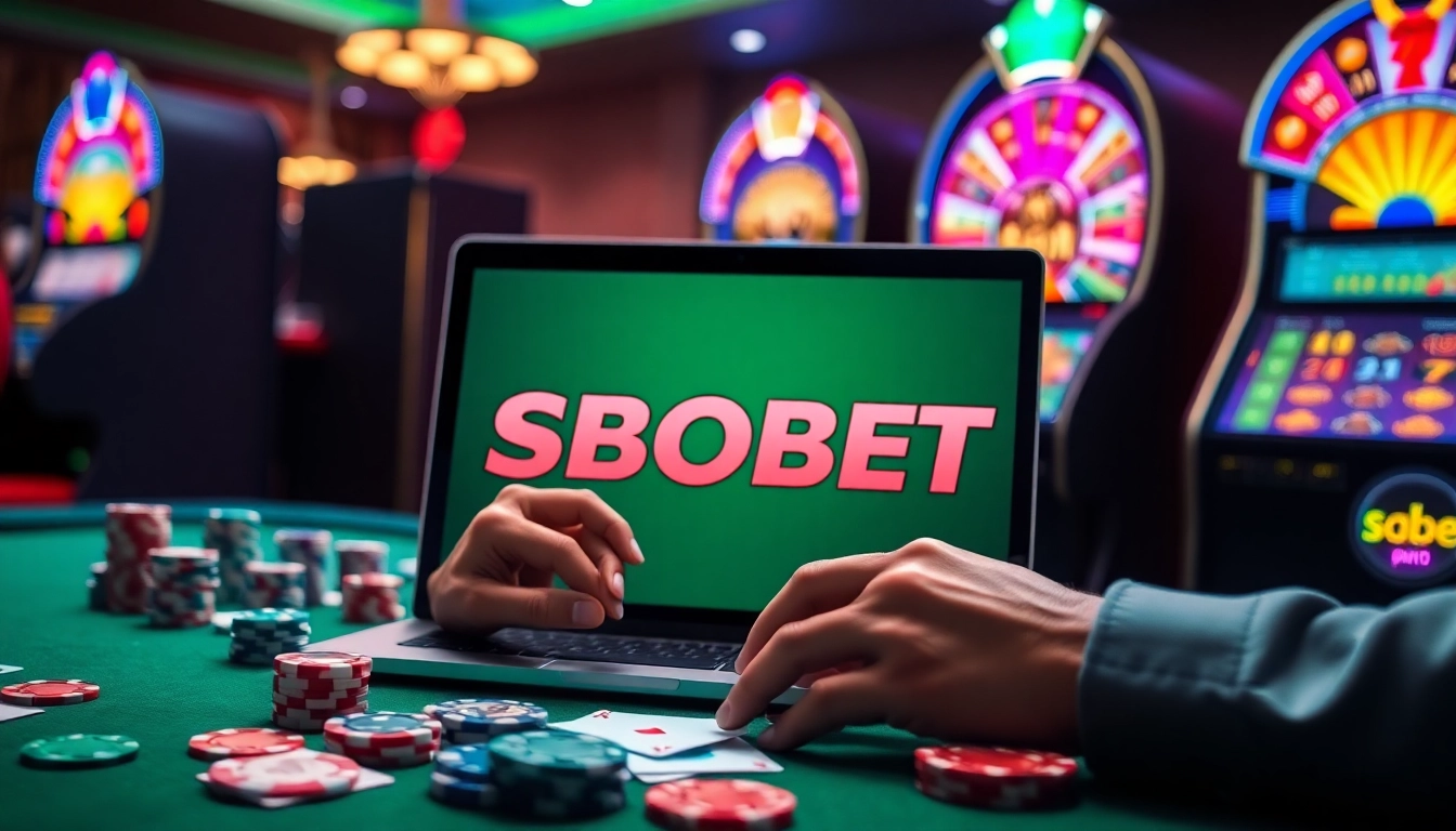 Engaging scene of sbobet.dance showcasing online gambling with vibrant casino elements.