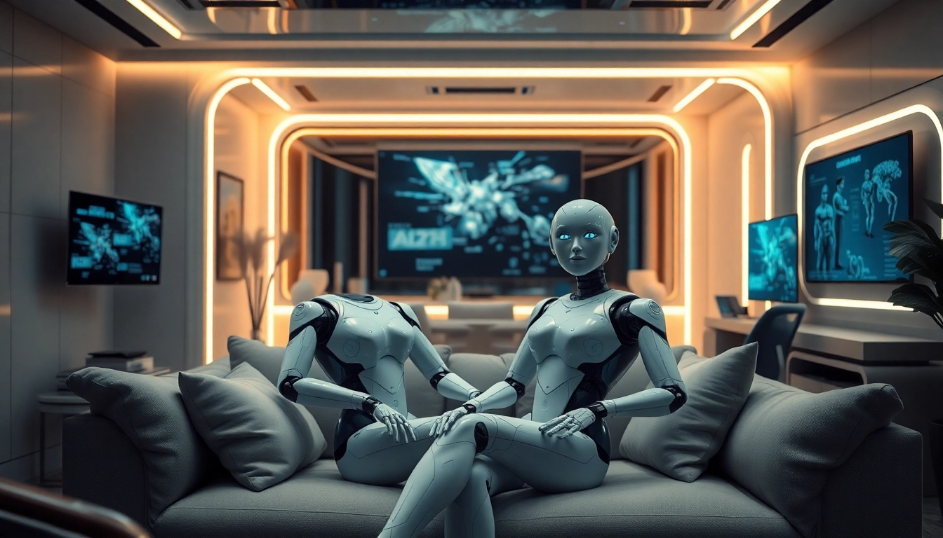 Futuristic sex bot in a modern living room, showcasing advanced AI technology and comfort.